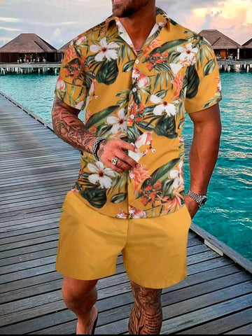 Beach-Style 2-Piece Men's Short-Sleeved Shirt and Shorts Suit