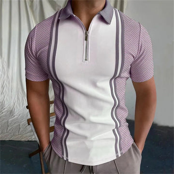 Simple vertical line Polo Shirt for Men Hawaiian 3D Print Zipper Polo Short Sleeve Summer Shirt