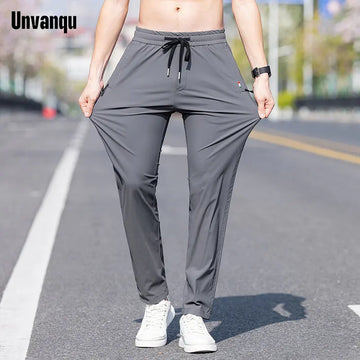 UNVANQU 2023 New Men's Thin Pants Korean Trend Straight Tube Loose Ice Silk Sweatpants Boy Summer Elastic Khaki Jogging Trousers