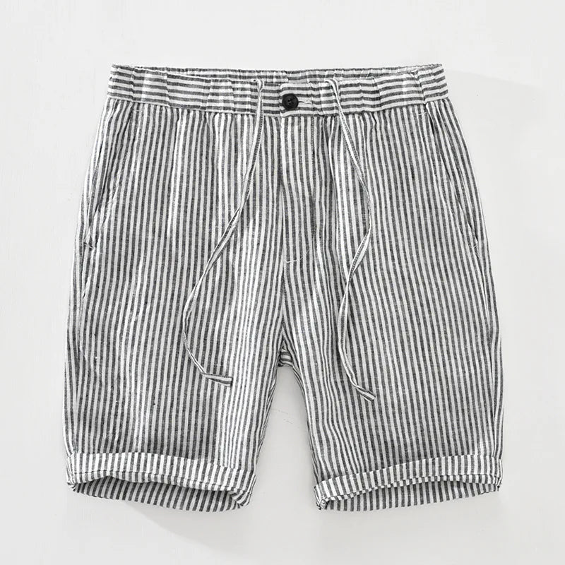 Striped Shorts for Men Japanese Style Pure Linen Casual Elastic Waist Button Up Short Pants 2022 Summer New