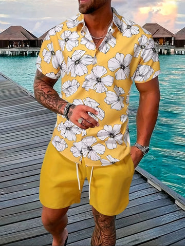 Beach-Style 2-Piece Men's Short-Sleeved Shirt and Shorts Suit